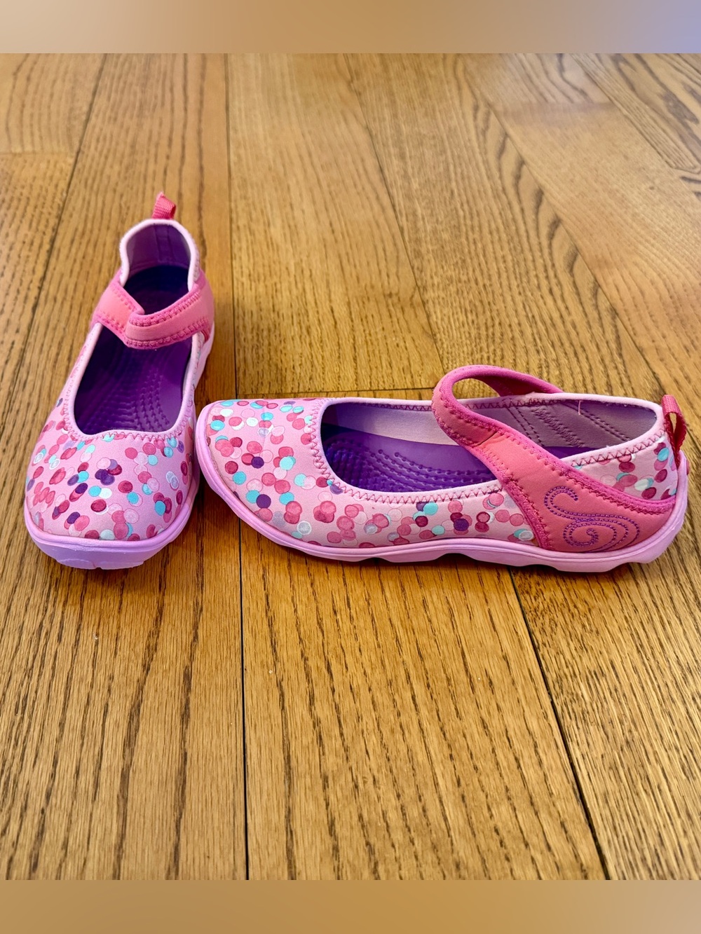 CROCS Pink Dot Mary Jane Sandals with Purple Insole